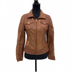 Guess Brown Leather Full Zip Moto Motorcycle Y2K Boho Jacket Small‎